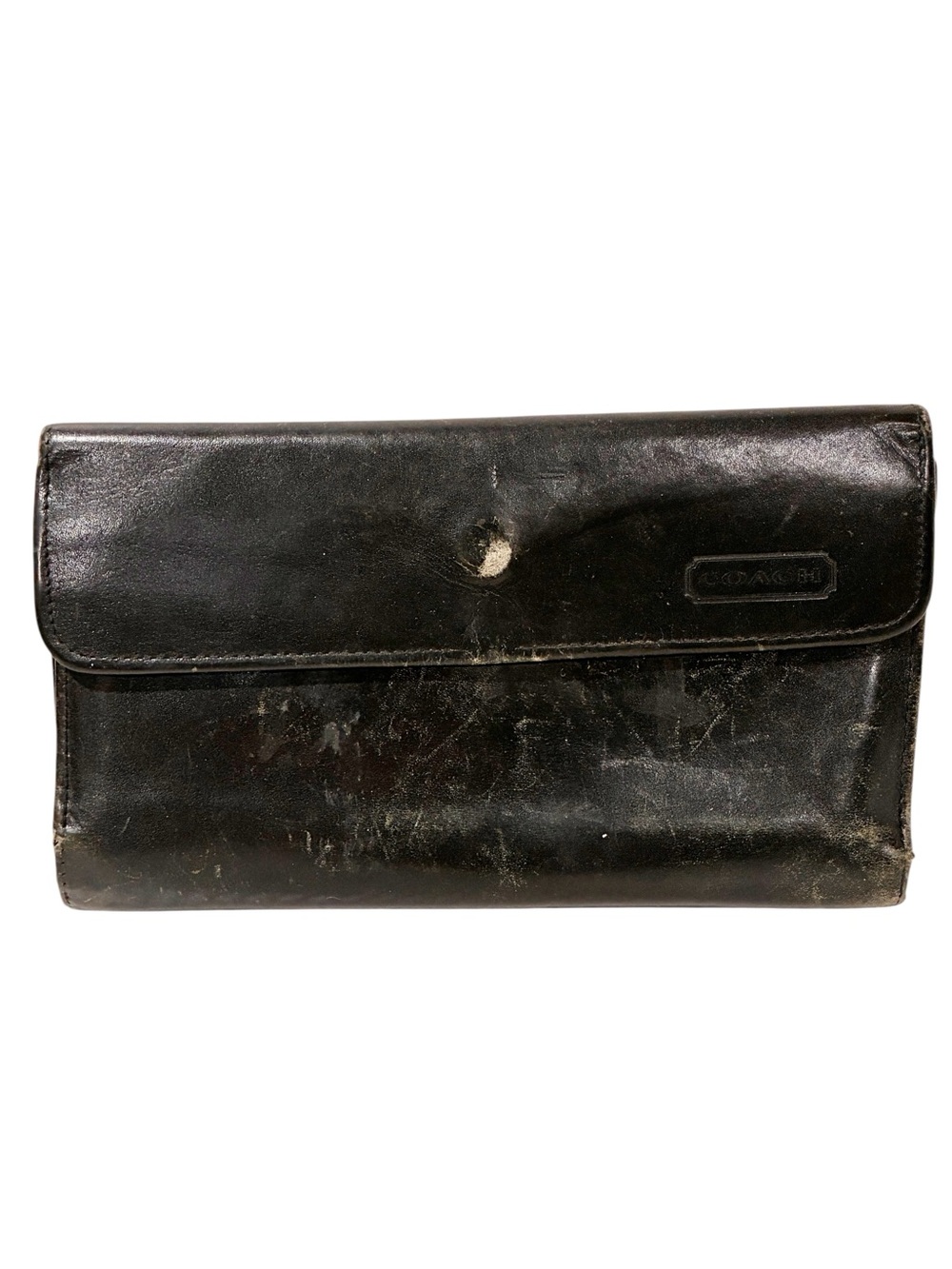 Vintage Black Leather Coach Trifold Wallet Snap Button